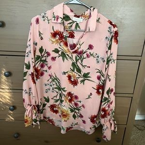 Chenault pink floral long sleeve top. Collared